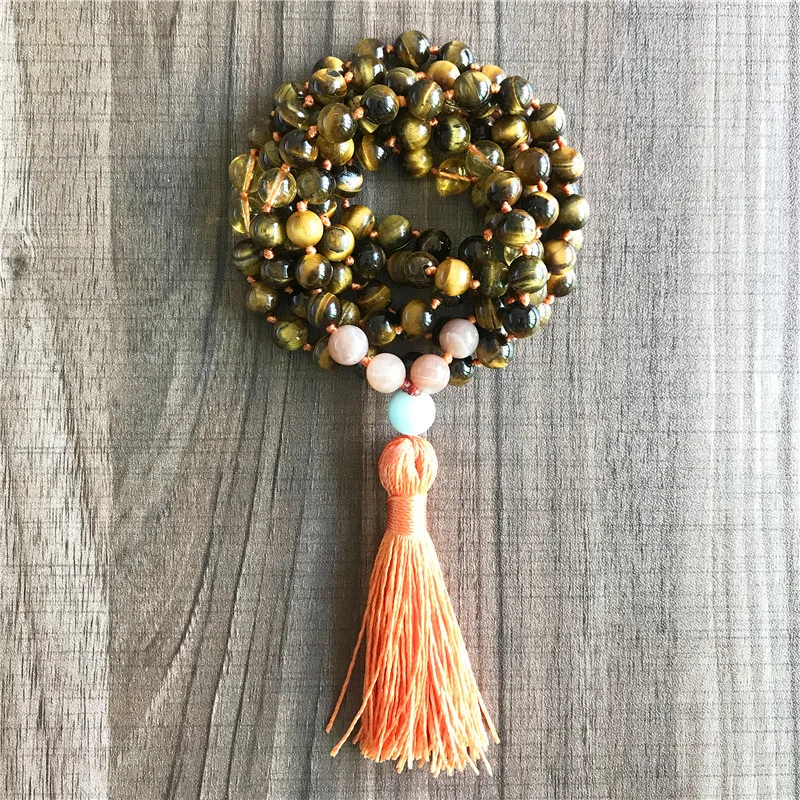 Halskette mit 108 Mala-Perlen, Tigerauge-Perlen, Citrine und Sonnenstein-Halskette, geknoteter Kristall, Energie-Meditationsschmuck, Quastenhalsausschnitt – Detail 6