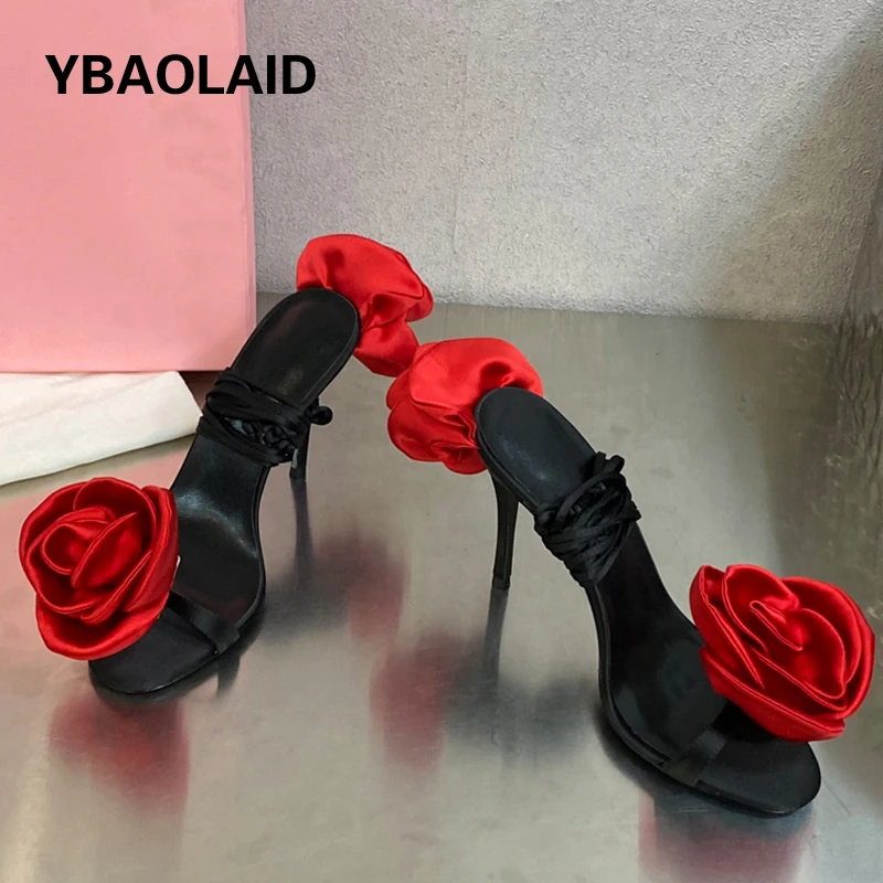 

Runway Style Ladies Summer Sandal Beautiful Rose Flower Ankle Strappy Open Toe Thin High Heel Sexy Party Wedding Footwear Female