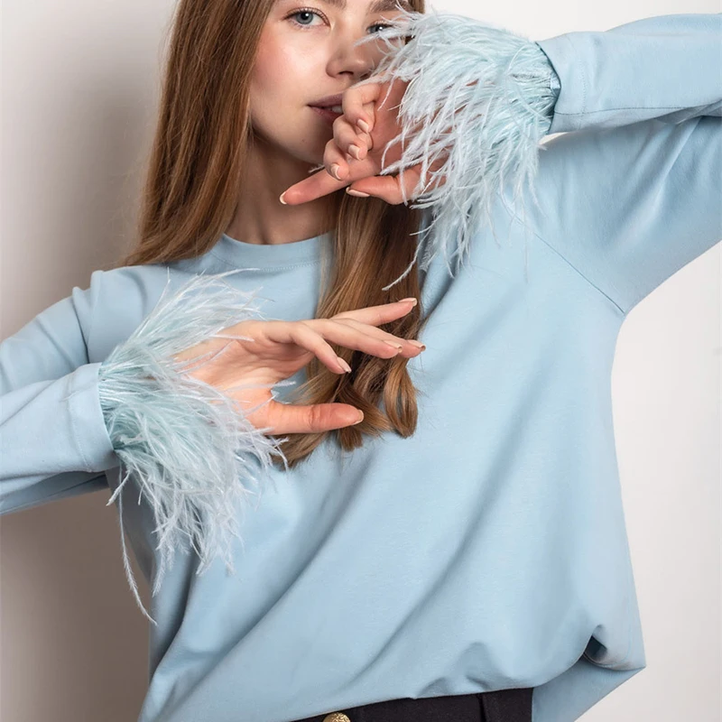 

Round Neck Patchwork Feather Sweater for Women's Fashion Casual Commuter Top Fashion Casual Ladies Elegant Clothing Loose Fit