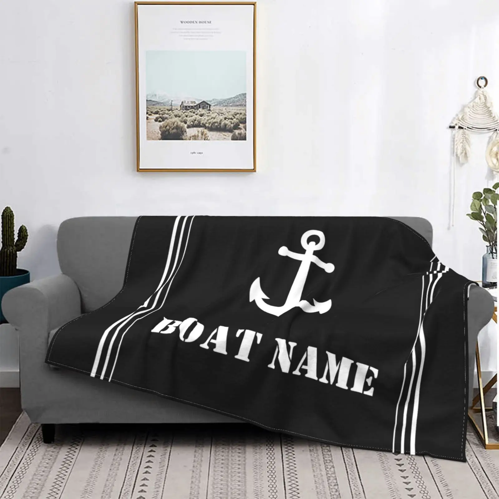 

Black Nautical Upholstery Anchor Blanket Soft Flannel Customizable Blanket Breathable Thermal Bedding and Travel Blanket
