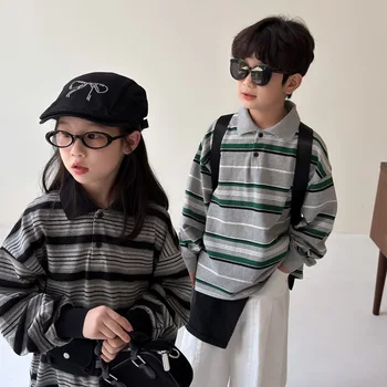 2025 Autumn New Children Long Sleeve T Shirts Cotton Boys Loose Striped Polo Shirts Girls Lapel Casual Bottoming Tops Clothes