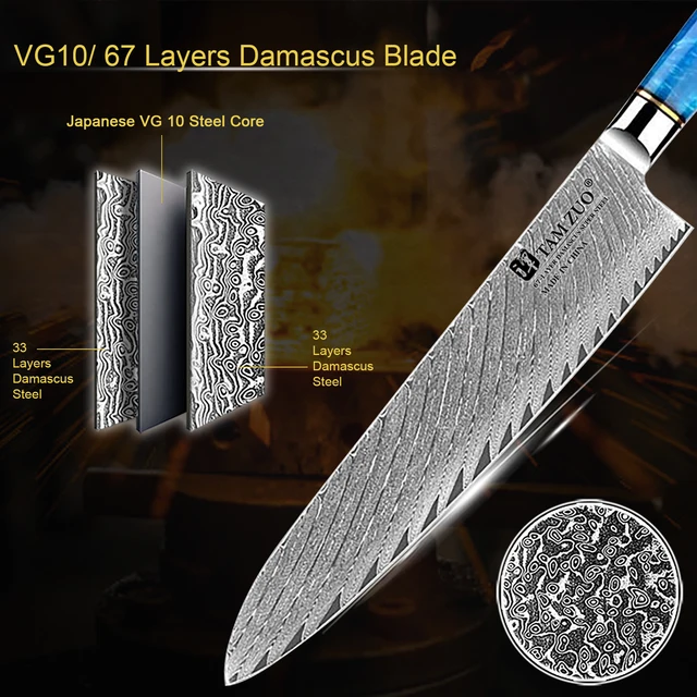 มีดดาบัสกัส มีดเชฟ เหล็ก VG10 ญี่ปุ่น 67 ชั้น มีดปังตอ มีดปอกเปลือก มีดหั่นขนมปัง มีดซันโตะกุ ด้ามเรซิ่น พร้อมกล่องของขวัญ 6