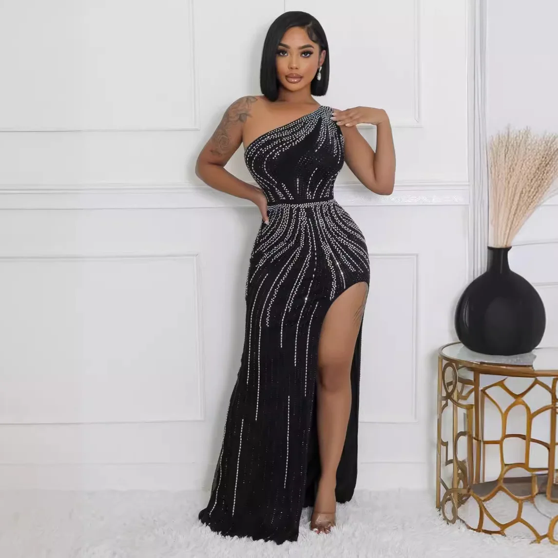 

Женское элегантное банкетное платье, элегантное двухцветное эластичное платье до щиколотки с разрезом, открытыми плечами и запахом, без рукавов, с бриллиантами, весна-лето