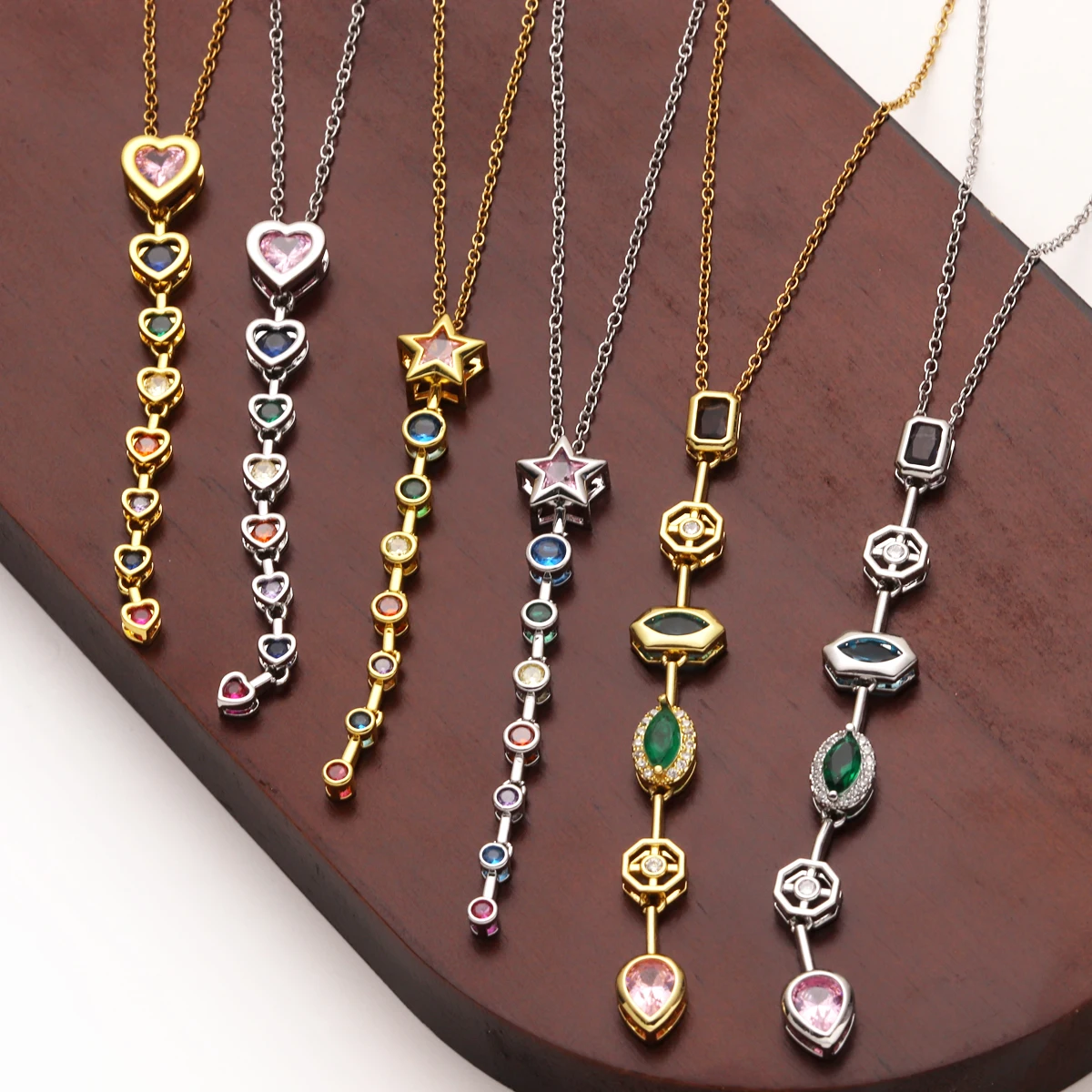 Vintage Geometric Colorful Zircon Long Pendant Necklace for Women Gold Plated Stainless Steel Collar Necklaces Jewelry Gifts 1
