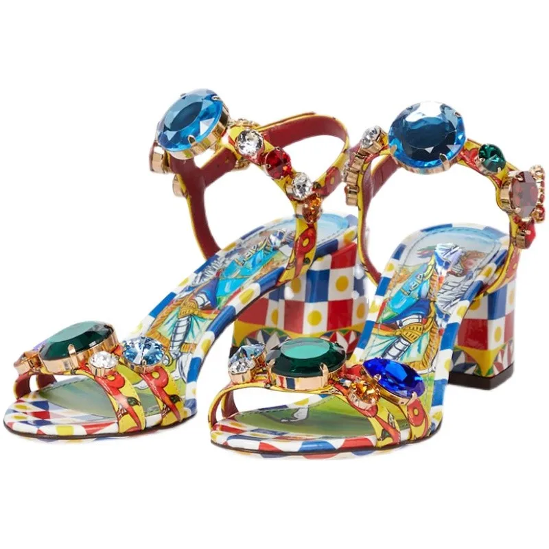

Colorful Diamond Rhinestone Bohemia Style Women Sandals 6cm 10cm Chunky High Heeled Lady Retro Wedding Party Sandal Shoes