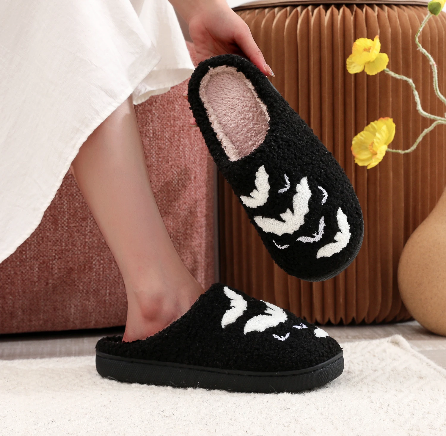 Halloween Bat Pattern Embroidery stuffed Home Thick-soled Cozy Furry Cotton Slippers Personality Warm Non-slip Indoor Slippers Men Women Can Wear Holiday Gift 6