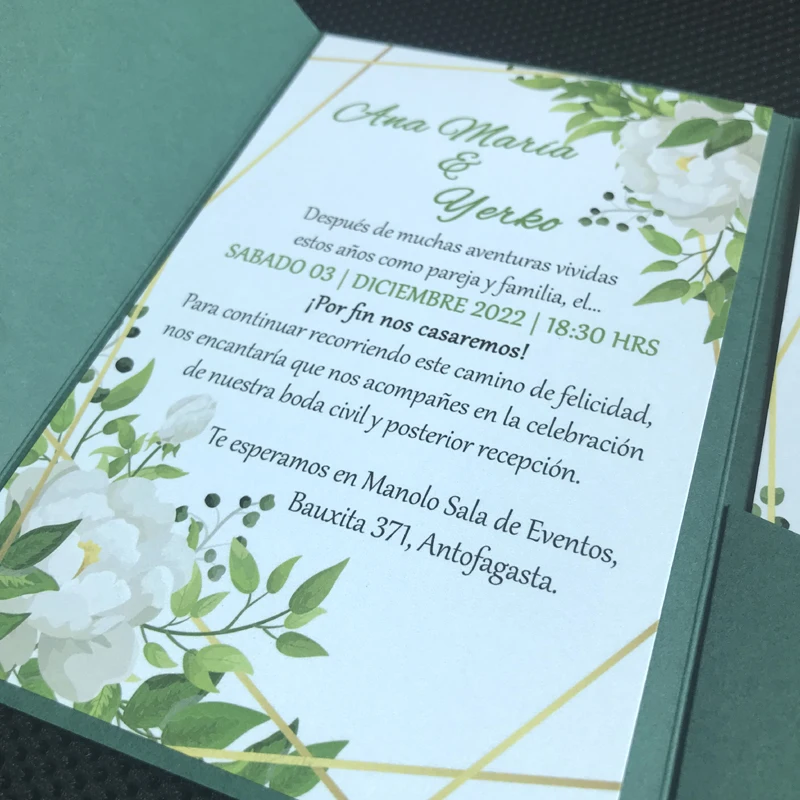 50 Sets Dark Green Tri Fold Pocket Wedding Invitation Card Customized Print Engagement XV Birthday Baptism Invitations IC160
