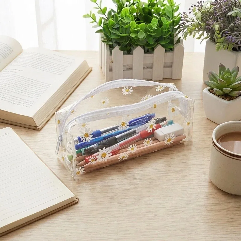 데이지 투명 Tpu 연필 케이스 소녀를위한 명확한 꽃 미적 문구 가방 학생 학교..