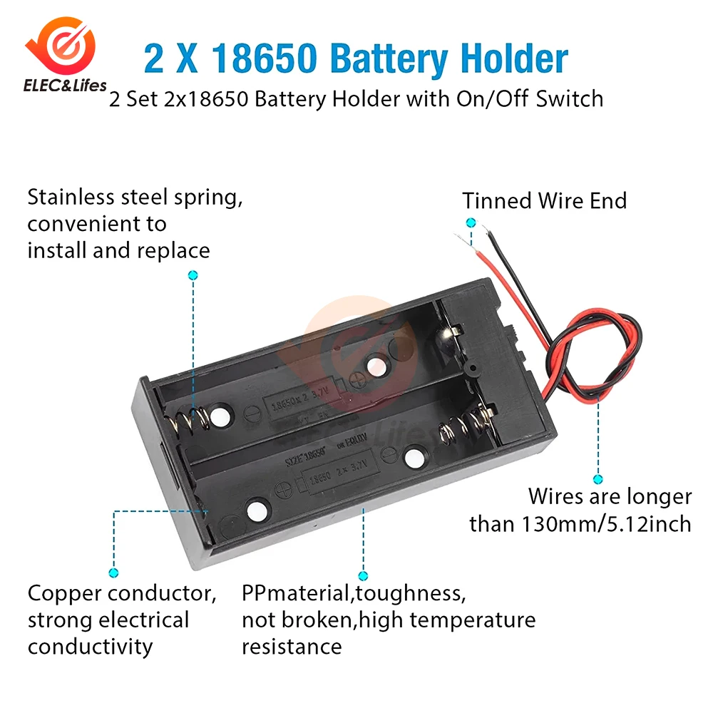 

5Pcs New 18650 Battery Storage Case 3.7V for 2x18650 Batteries Holder Box Container With 2 Slots ON/OFF Switch