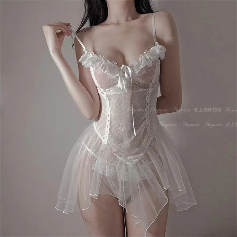Delicate Lace Women's Sheer Tulle Babydoll Lingerie Romantic Spaghetti Strap Nightgown Sexy Asymmetrical Sleepwear New Gift Hot