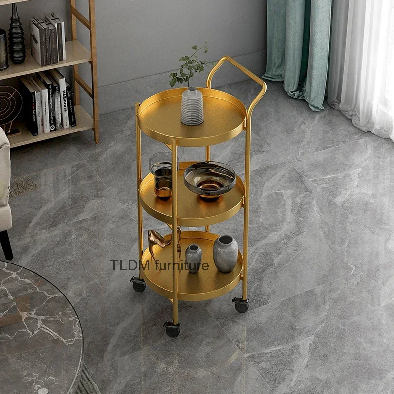 

Movable small table, simple metal living room furniture with wheels, multi-layer shelves, golden circular coffee table