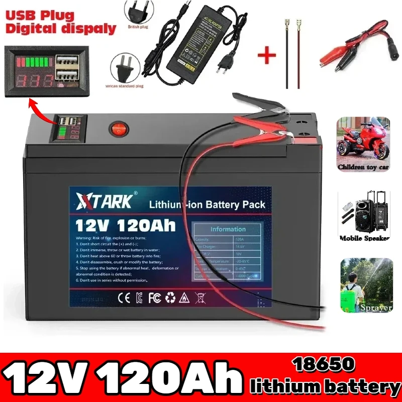 

100%original 12V 120Ah 18650 solar battery outdoor lighting battery is suitable for spray, children's toy cars, trolleys+charger