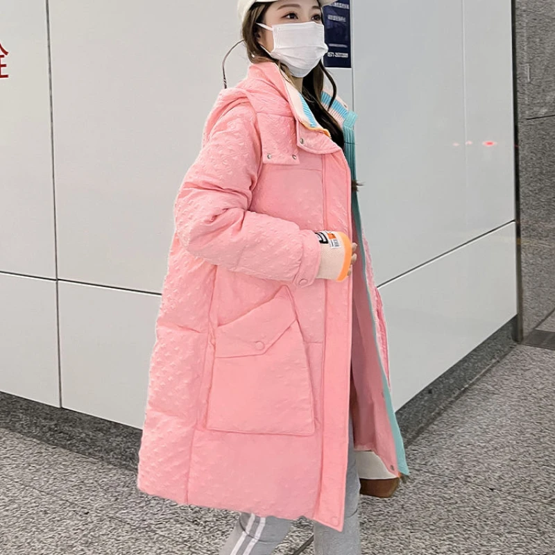 2023 New Women Down Cotton Coat Winter Jacket Female Mid Length Version Over The Knee Outwear Thicken Warm Casual Hooded Outcoat new men s down jacket korean version of the slim over the knee male female couple long section winter thickening coat