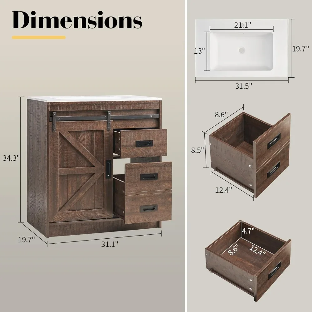31 Inch Farmhouse Sliding Barn Door Bathroom Sink with Sink Combination, Drawers and Metal Handles 2