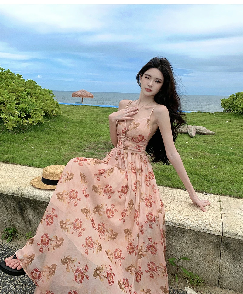 Summer New Spaghetti Strap Floral Long Dresses for Women Backless A-line Beach Style Korean Fashion Party Dress Casual Vestidos