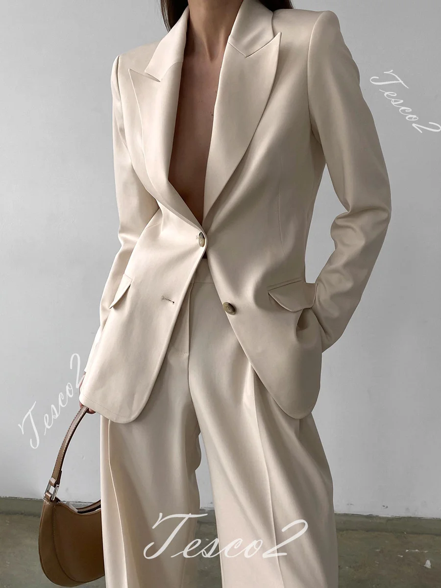 Tesco Women Pantsuit For Work Apricot Long Sleeve Blazer Suit Wide Leg Trousers Vintage Casual Office Lady Outfits For Women