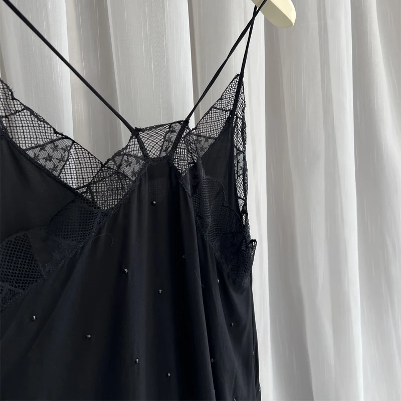 Zadig Solid Black Dress Women Casual Long Halter Dresses Ladies Elegant Slip Backless Robes Chic Lace Diamonds Jupes Female 6