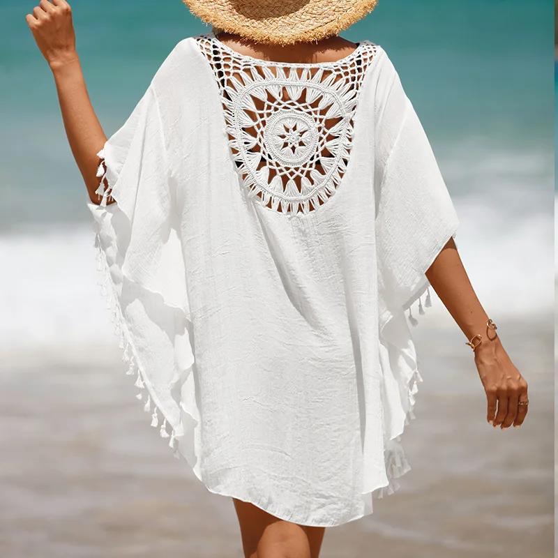 Summer Ladies Beach Bikini Cover Up T Shirt with Tassel Women Sexy Hollow Loose Beach Dress Bikini Swimwear