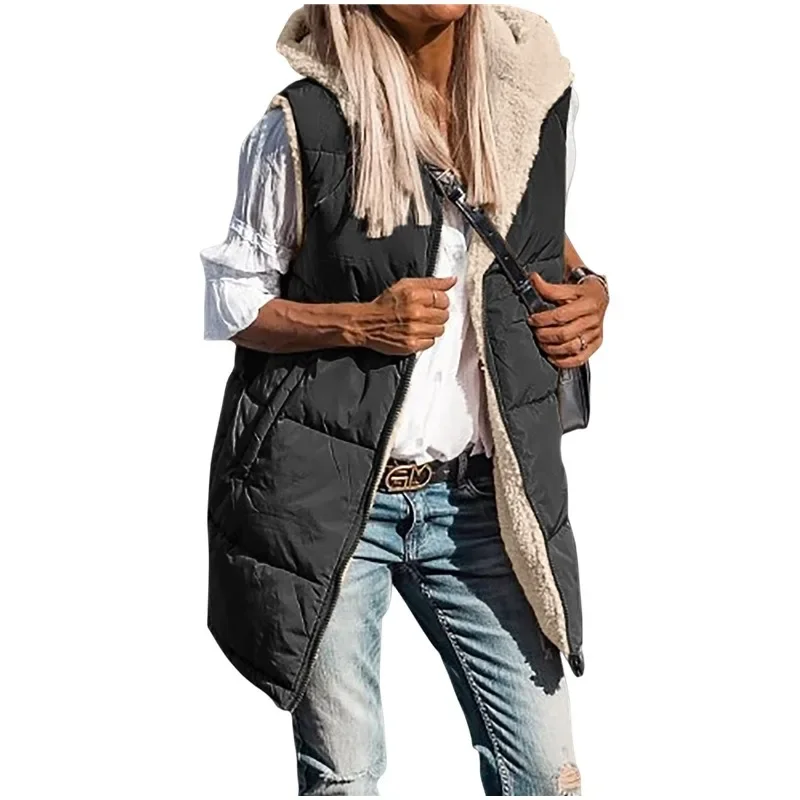 Women's Solid Color Hooded Cotton Coat Vest Winter 2025 New Warm Vest Coat Women's Fashion Sleeveless Zipper Cardigan Vest 4
