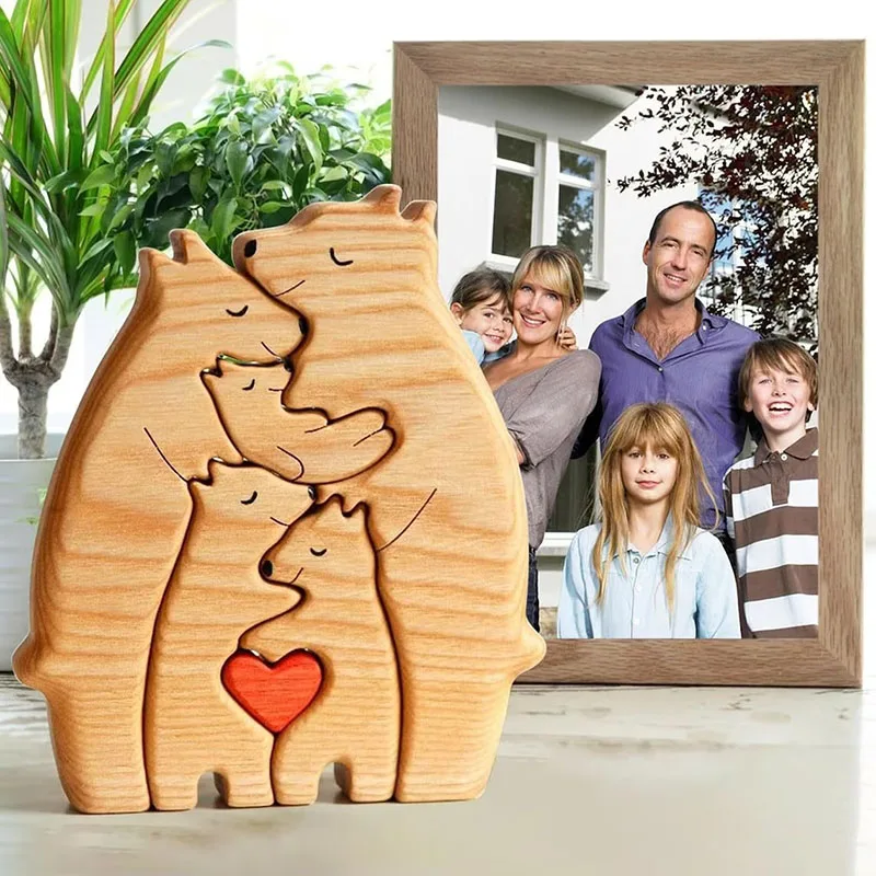 Free Engraving Personalized Custom Bear Family Wooden Puzzle DIY Christmas Birthday Gift Family Name Sculpture Names Desk Decor