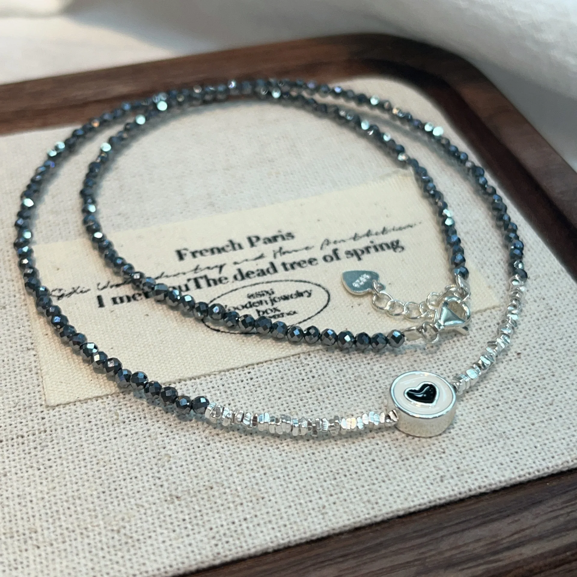 BPOYB Luxury Black Crystal Heart Pendant Natural Gemstones S925 Sterling Silver Beads Chain Necklace For Women Designer Handmade