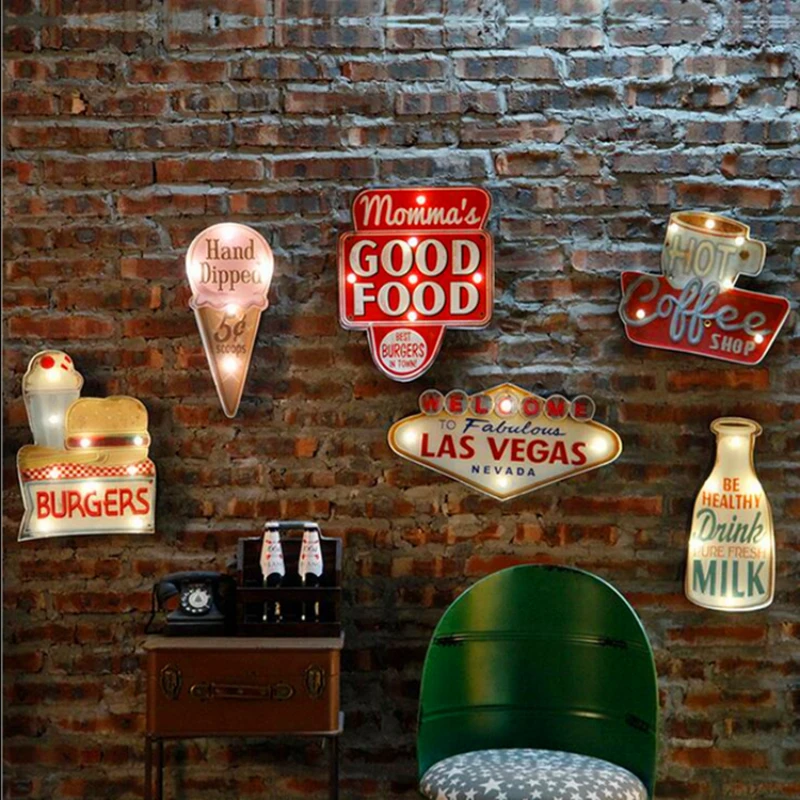 

Modern Little Fresh LED Lights Metal Plate Creative Cafe Bar Wall Hanging Decor Glowing Wall Stick Bar Decoration