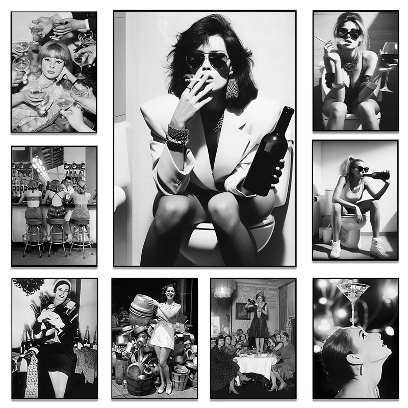 Ragazza Seduta Sulla Toilette Bere Poster Nero Bianco Donne Bere Vino Tela Pittura Wall Art Picture For Room Office Decoration