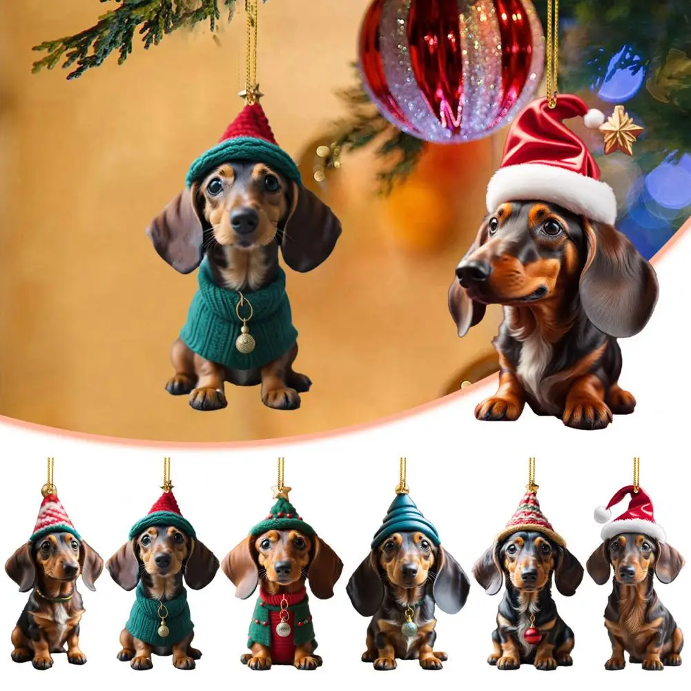 Cartoon Puppy Pendant Christmas Funny Sausage Dog Car Decoration Pendant Acrylic Flat Christmas Tree Noel Navidad