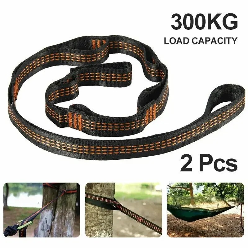 2pcs Correias De Poli&eacute;ster Refor&ccedil;ado Para Acampamento AO Ar Livre Black Hammock Straps 5 Ring Alta Carga-rolamento Farpado