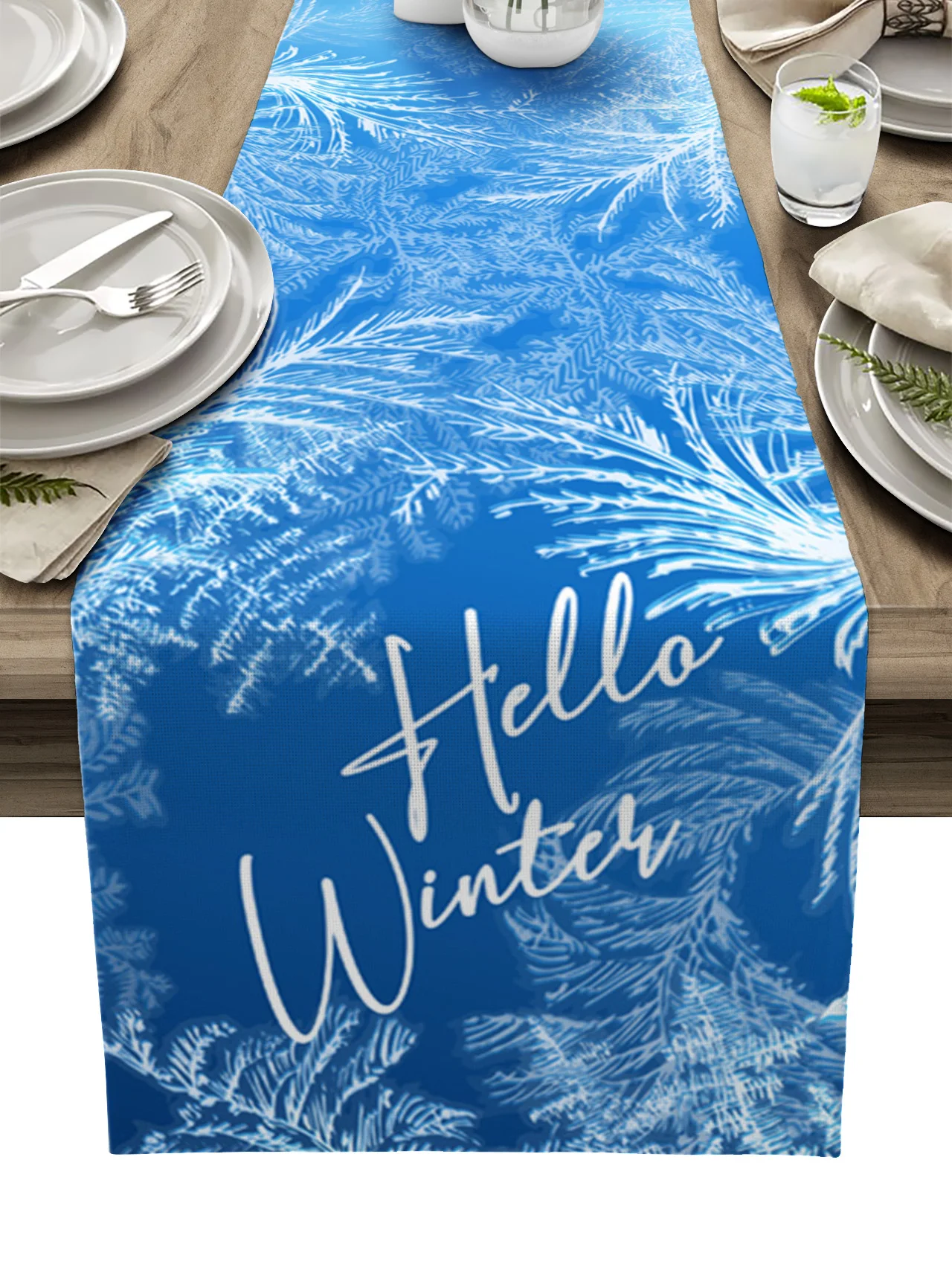 Winter Snow Table Runner Wedding Holiday Party Dining Table Cover Cloth Placemat Napkin Home Kitchen Rustic Decoration