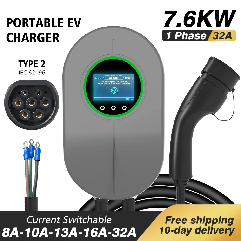 

LONLINK EVSE Wallbox Adapter Type 2 Cable 5M 32A 7.6/11/22KW EV Charger Type2 Wallmount Charging Station For Electric Car