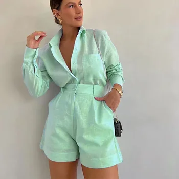 2026 New Women's Long Sleeve 2-Piece Set Casual Button Detail Shorts Outfit Shirt Top Summer Fashion Female Suit Y2k Clothing 1