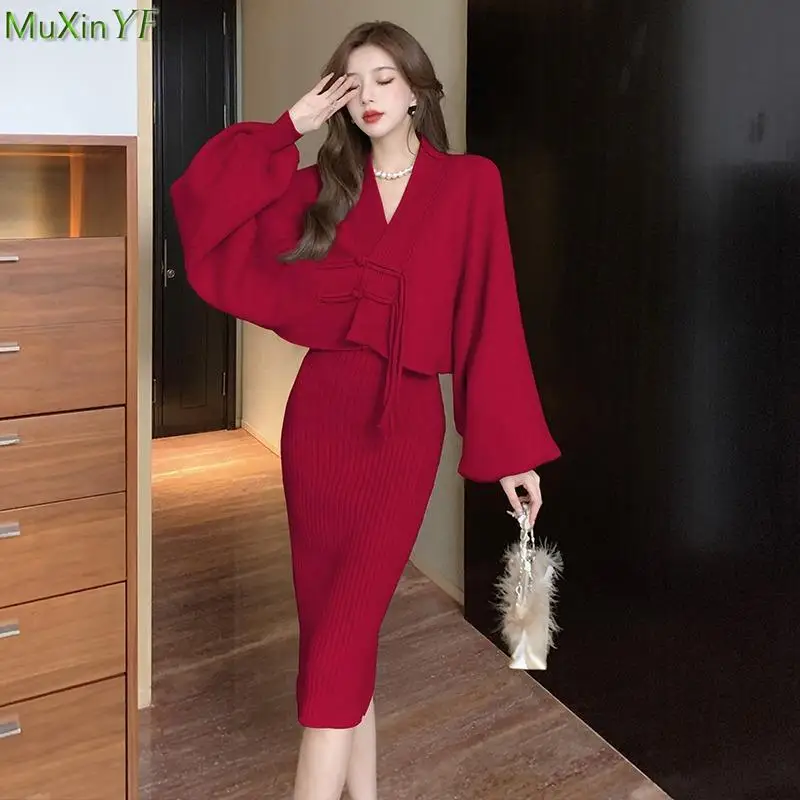 Women Vintage Chinese Style Knit Matching Sets Lady Graceful Sweater Coats Sleeveless Dress Two Piece Suits 2023 New Red Outfits