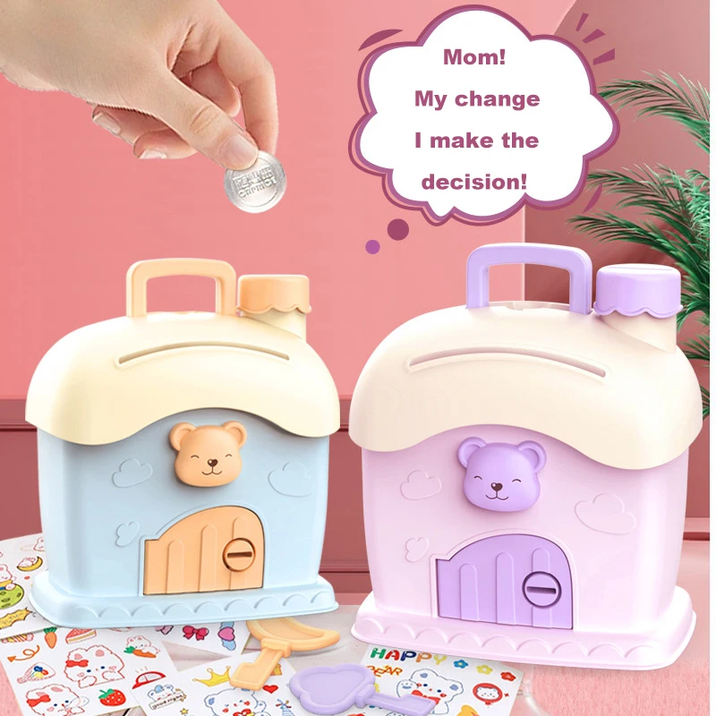 Cartoon DIY Stickers Piggy Bank Kawaii Large Capacity Cute Small House key Piggy Bank Storage Box Holiday Gifts for Kids