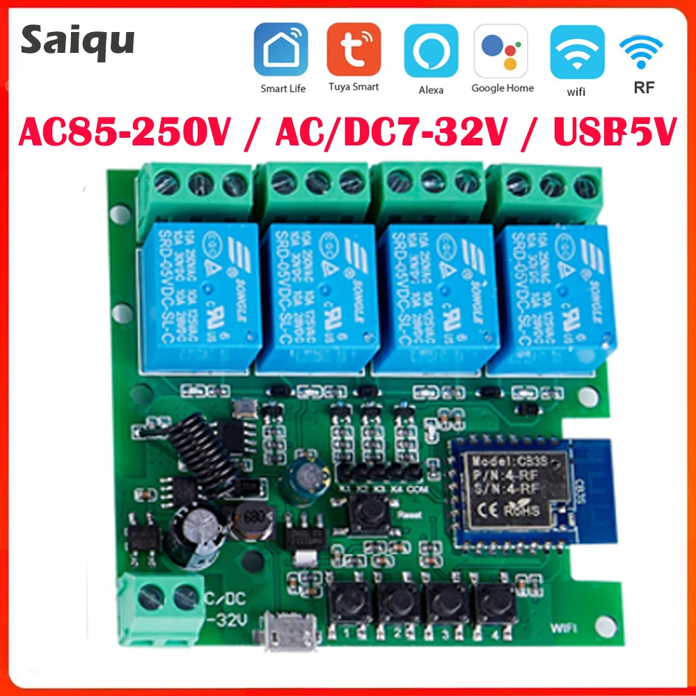 

Tuya Smart WiFi Motor Switch 4CH Module DC 12V 32V 220V USB5V RF433 Receiver APP Remote Control Inching Relay Alexa Google Home