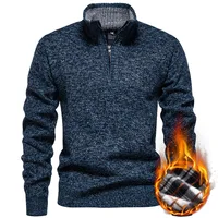 Men's Fleece Lined Half High Neck Knitted Sweater Fashionable Overhead Solid Color Half Zipper Loose Fit Long Sleeve Top
