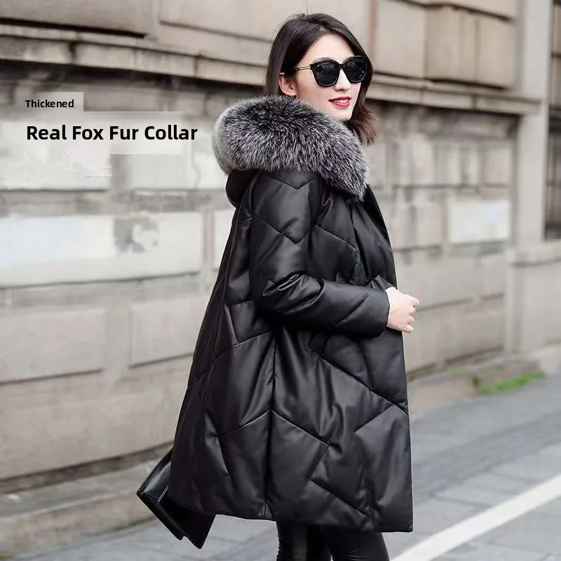 Haifeng Real Leather Jacket Women's Mid-Length Winter New Style Sheepskin  Fur Thickened Fur Coat down Cotton Coat