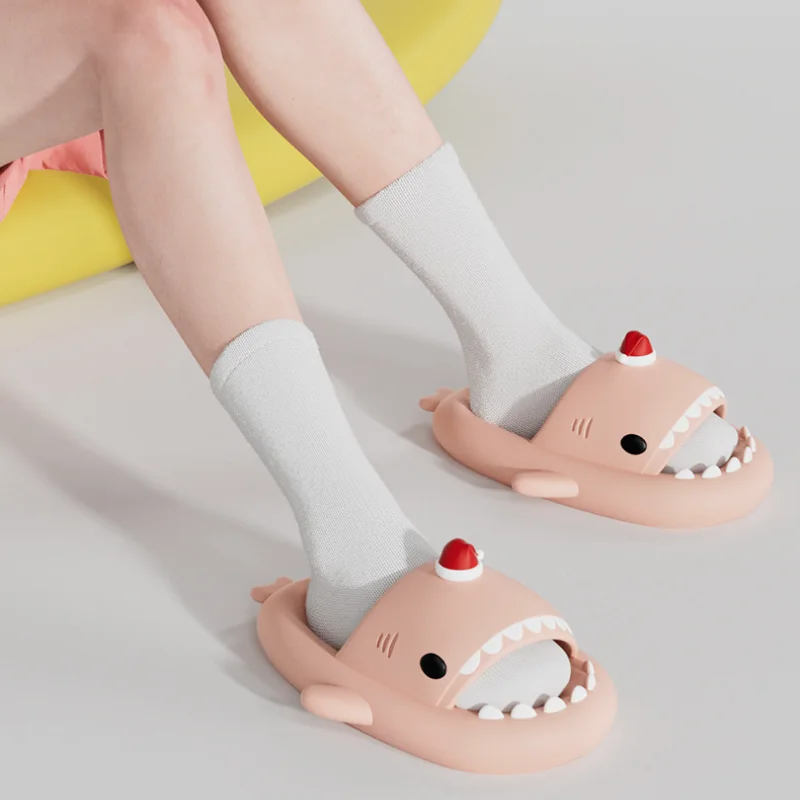 Cute Red Hat Christmas Party Shark Slippers Women Men Indoor Bathroom Shoes 4CM Thick Sole Anti-slip Couples Beach Street Slides 3
