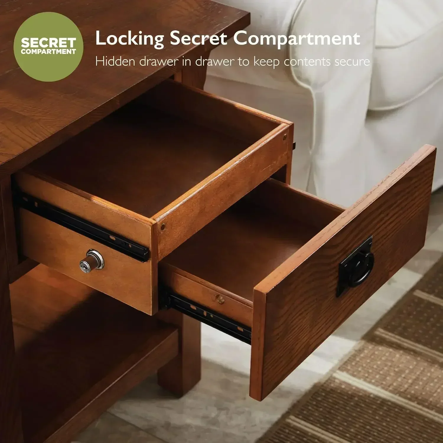 NEW-8222-SC Mission Impeccable Secret Compartment, Locking Drawer Nightstand Side Table, Medium Oak