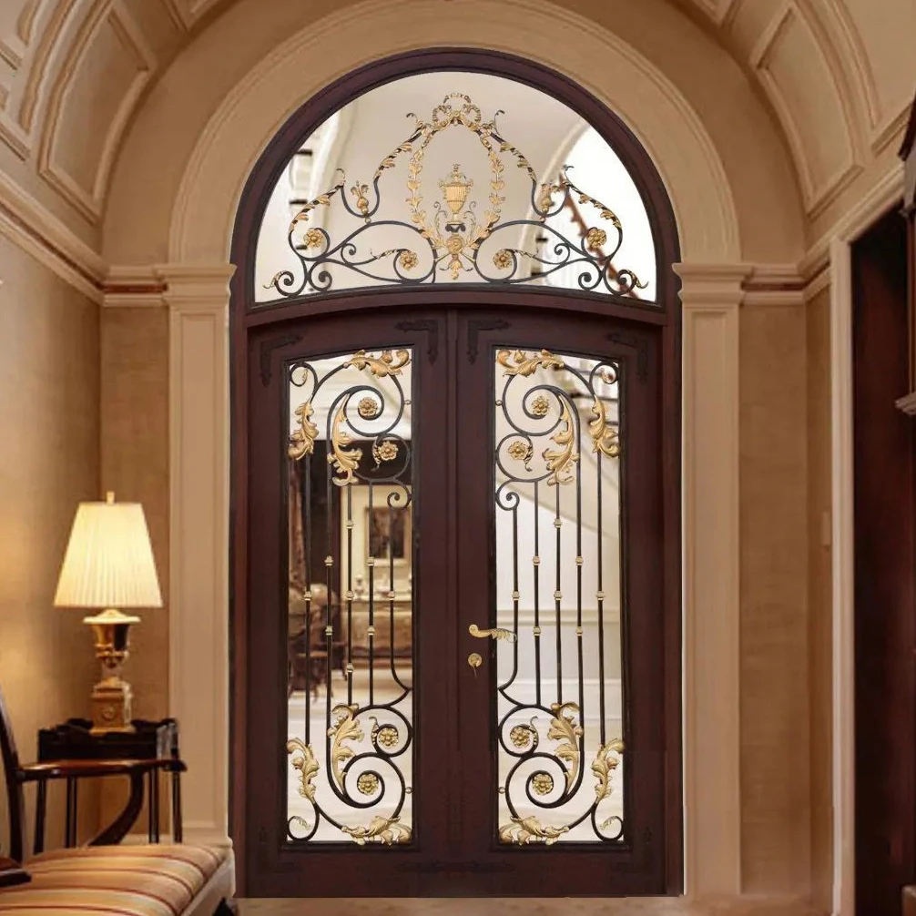 Villa High-end Luxury Factory Sell Custom Forged America European Craft Glass Security Double-open Iron Steel Entrance Gate Door 5