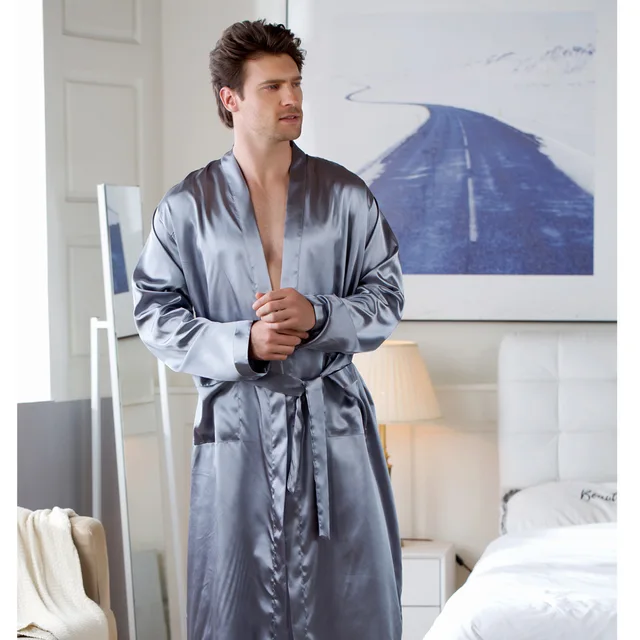 Grande taille vêtements de nuit pour hommes Kimono Robe de bain Robe gris à manches longues col en v vêtements de nuit avec poche de ceinture printemps été hommes vêtements de maison 1