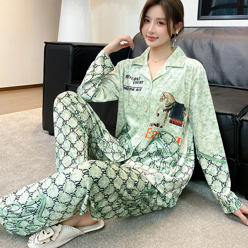 

Women's Autumn Pajamas Set Beautiful Gold Velvet Print Sleepwear Casual Home Suit Pijama Nightwear Plus Size Pyjama