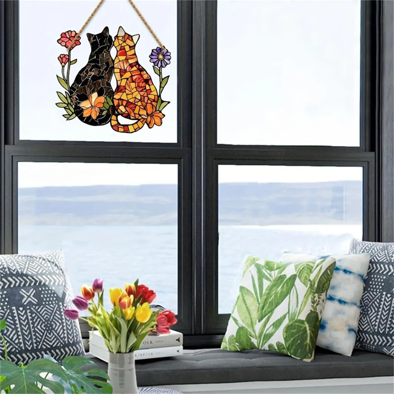Stained Glass Window Hanging Decor Stained Glass Cat Window Hanging Cat Suncatcher For Hanging Decorations Gifts Beaded Garland 5