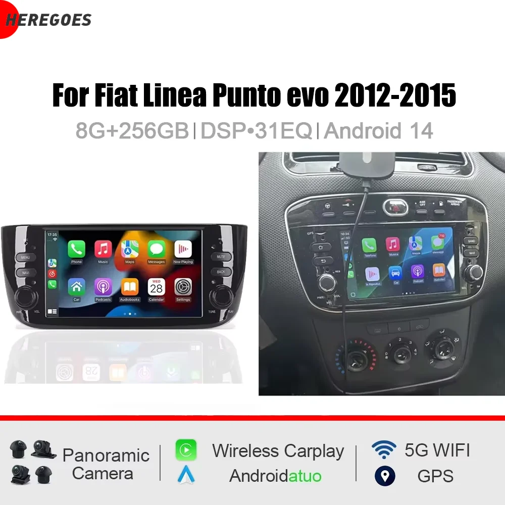 CarPlay 7 Zoll Android 15.0 8-Kern 12GB RAM 256GB ROM Autoradio GPS Multimedia-Radio für Fiat Linea Punto Evo 2012-2015