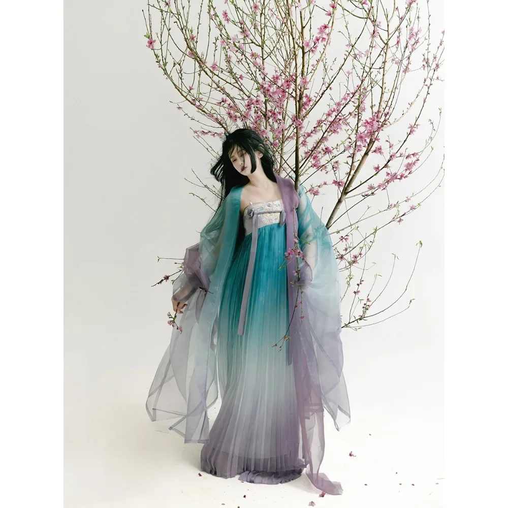 

MengYuSheng Spring Blue Tang Hanfu Female Embroidery Gradually Change Chested Skirt Big Sleeve Shirt Suit Chinese Style Dress