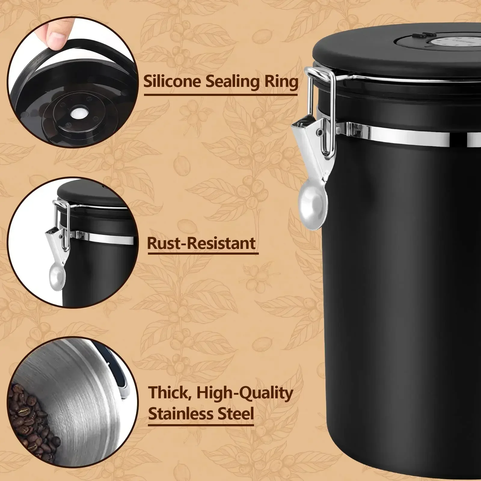 304 Stainless Steel Coffee Beans Vacuum Storage Jar with Spoon Large Capacity Airtight Container Grains Nut Keep Fresh Storage