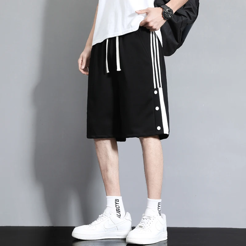 Fashion Spliced Button Striped Casual Shorts Men's Clothing 2024 Summer New Loose Elastic High Waist All-match Knee Shorts