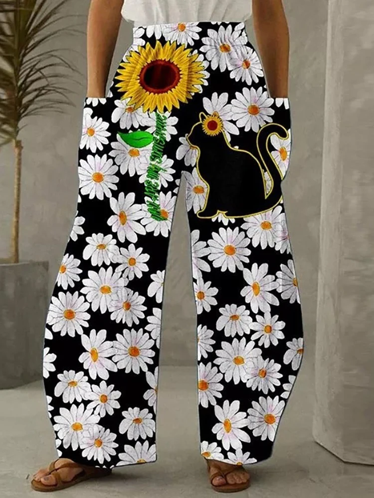 White Yellow Chrysanthemum Full Length Wide Leg Pants All Over Print Hipster Fashion Summer Streetwear Sweatpants Women Clothing