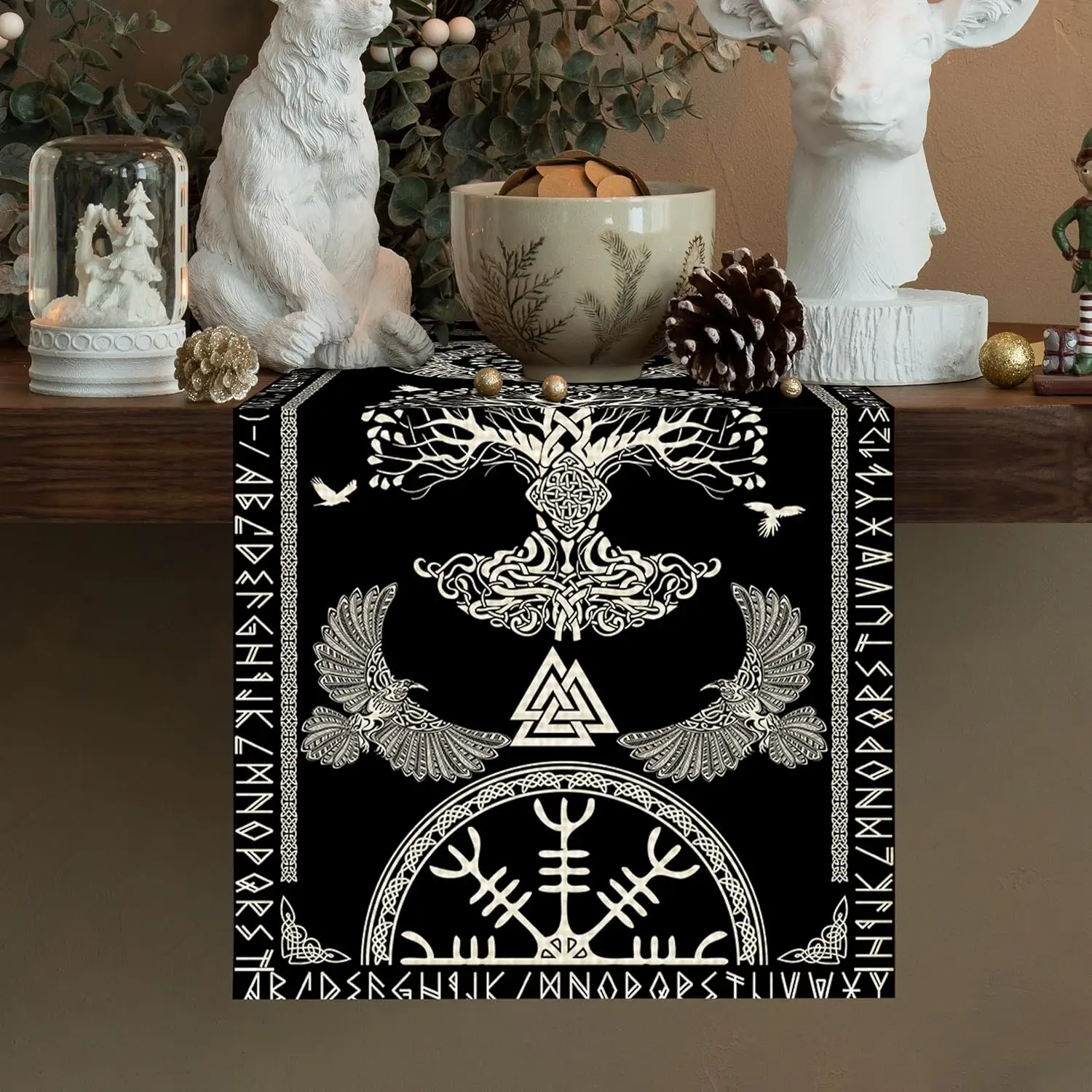 Black Viking Sacred Tree Linen Table Runner Party Decor Celtic Raven Helmet of Awe Kitchen Dining Table Runner Home Table Decor 2