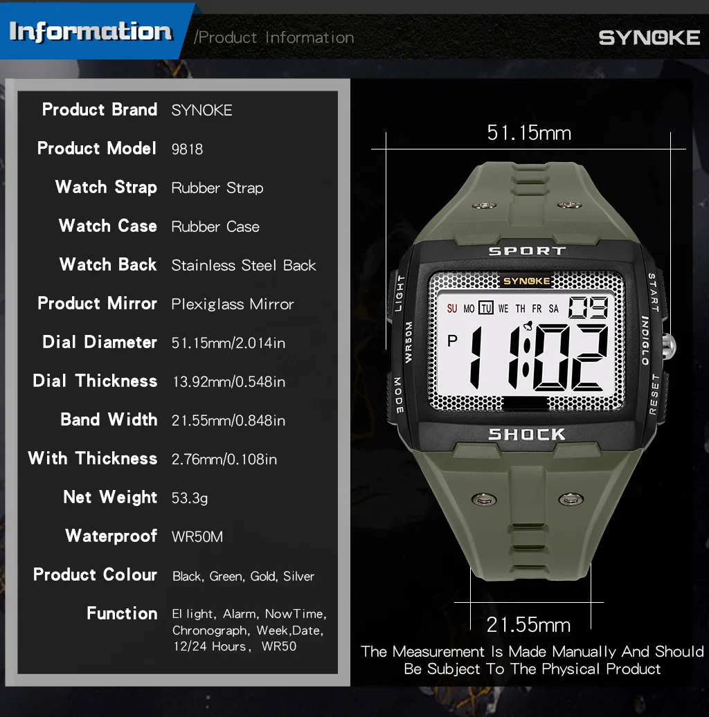 Digital Wristwatch Men's Sports Electronic Watch Waterproof Luminous Large Screen Watch Fashion Casual Students Wristwatch 4